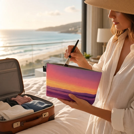 A woman in a white shirt and straw hat holds a zip pouch with a colorful sunset landscape print next to an open brown suitcase on a bed, with an ocean view in the background.