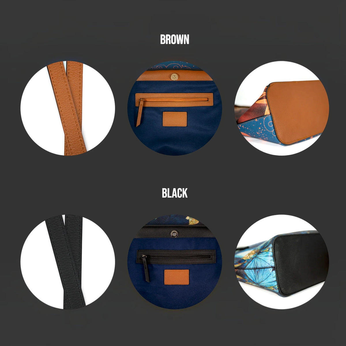 A color-options graphic showing two sets of close-up circular views for a bag: a brown strap and trim on the top left, and a black strap and trim on the bottom left. The center of each circle shows part of a navy bag with a tan leather patch.