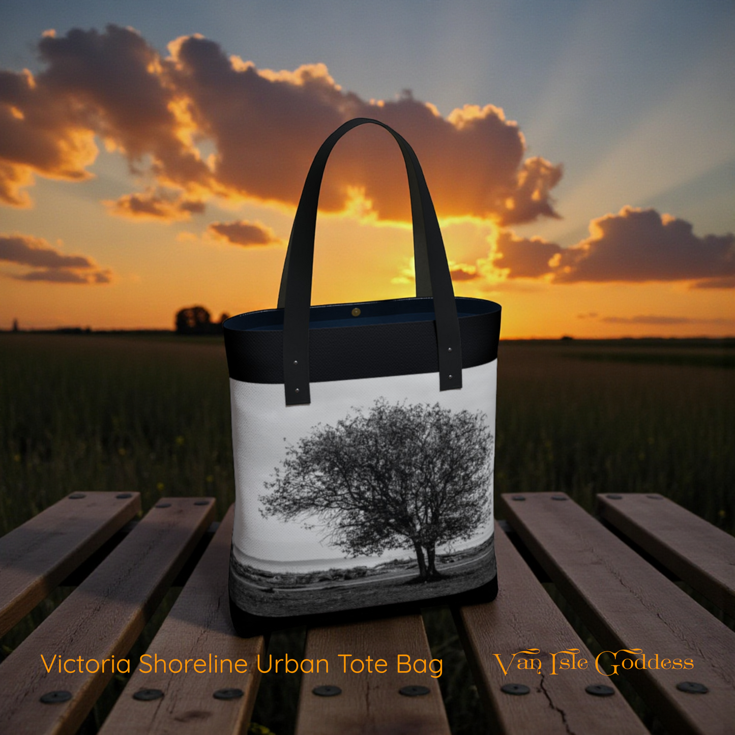 Tote bag with tree design on a wooden bench at sunset