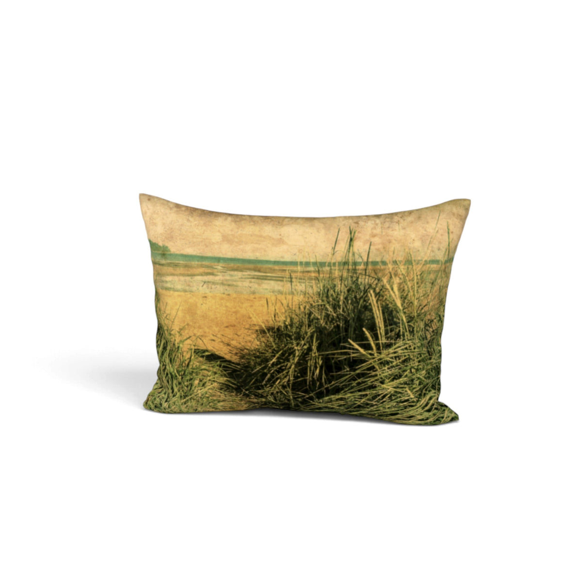A rectangular decorative throw pillow featuring a vintage-style landscape print of beach grasses and dunes, shown against a plain white background.