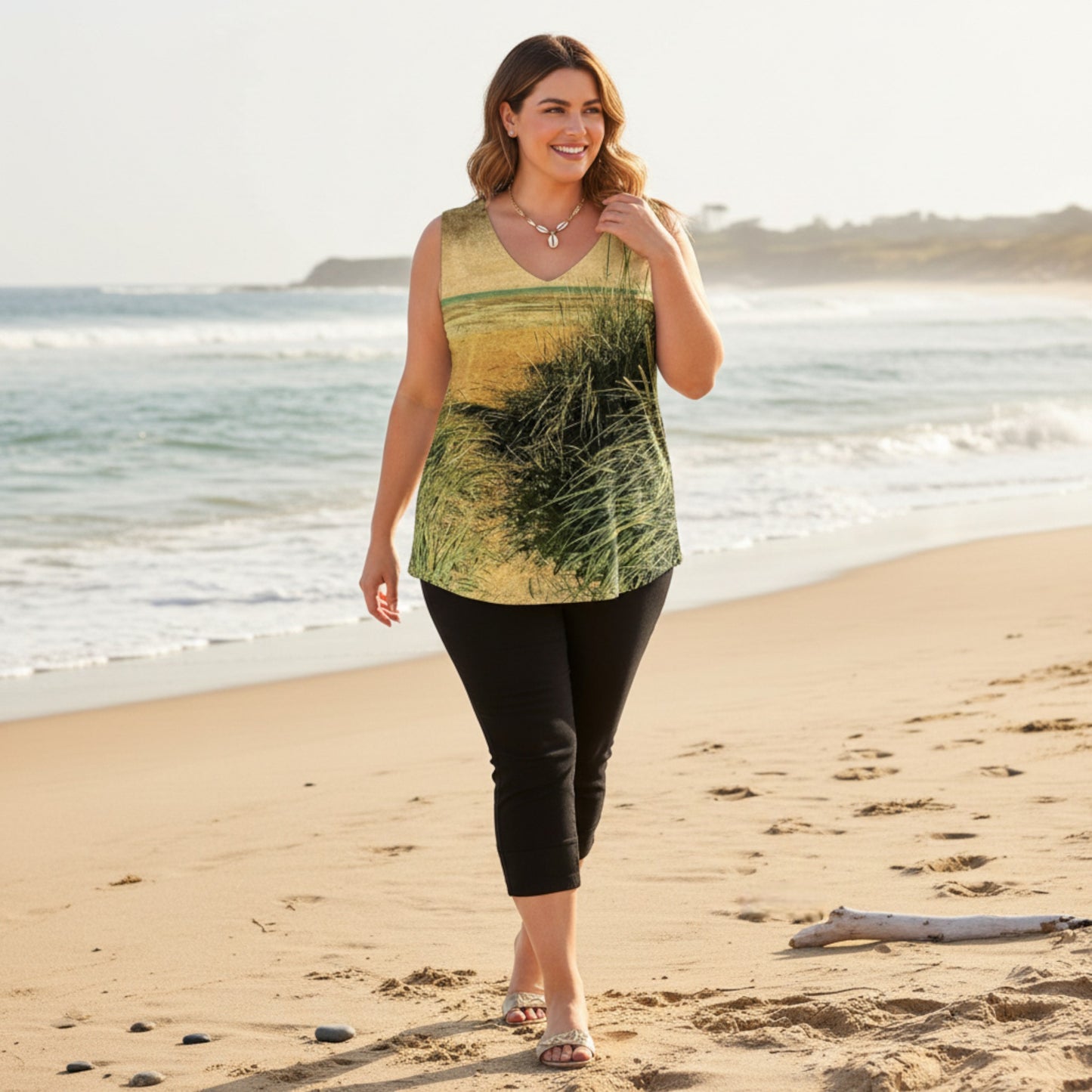 Woman walking on a beach wearing a sleeveless green and yellow top and black pants.