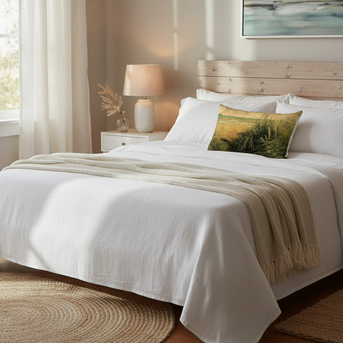 A neatly made bed in a softly lit bedroom, dressed in white linens with a cream throw blanket draped across the foot and a decorative pillow featuring a yellow-green landscape print.