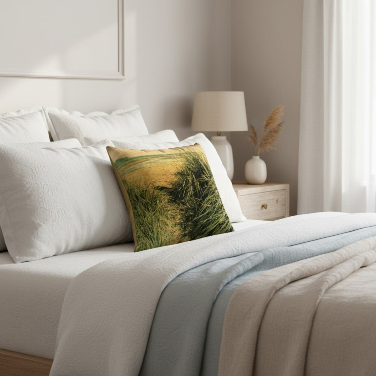 A square decorative throw pillow with a green and yellow grassy landscape print, styled on a bed with white bedding and a light blue blanket in a softly lit bedroom.