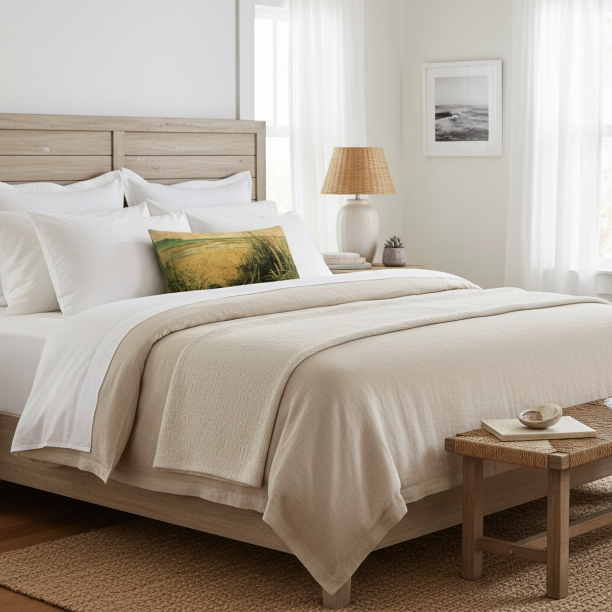 A neatly made bed in a bright bedroom setting, dressed with white bedding and a textured cream throw blanket, with a small green and yellow patterned accent pillow. The bed has a light wood headboard and footboard, and a small wooden bench sits at the foot of the bed.