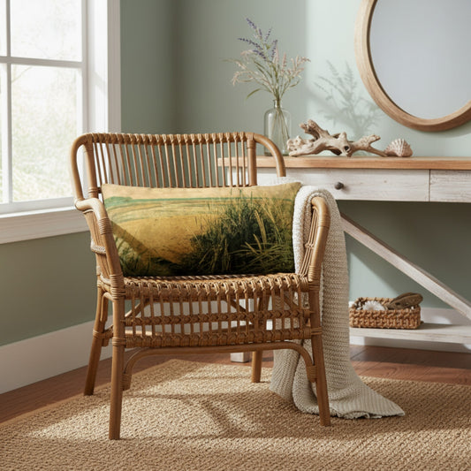 A natural rattan armchair in a sunlit room, styled with a rectangular pillow featuring a beach grass landscape print and a cream knit throw draped over the side.