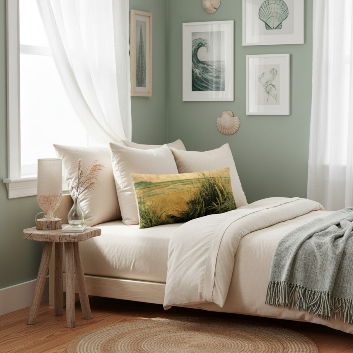 A styled bedroom corner with a bed dressed in cream bedding and a green-and-yellow beach-themed accent pillow, set against sage green walls with framed shell and wave art.