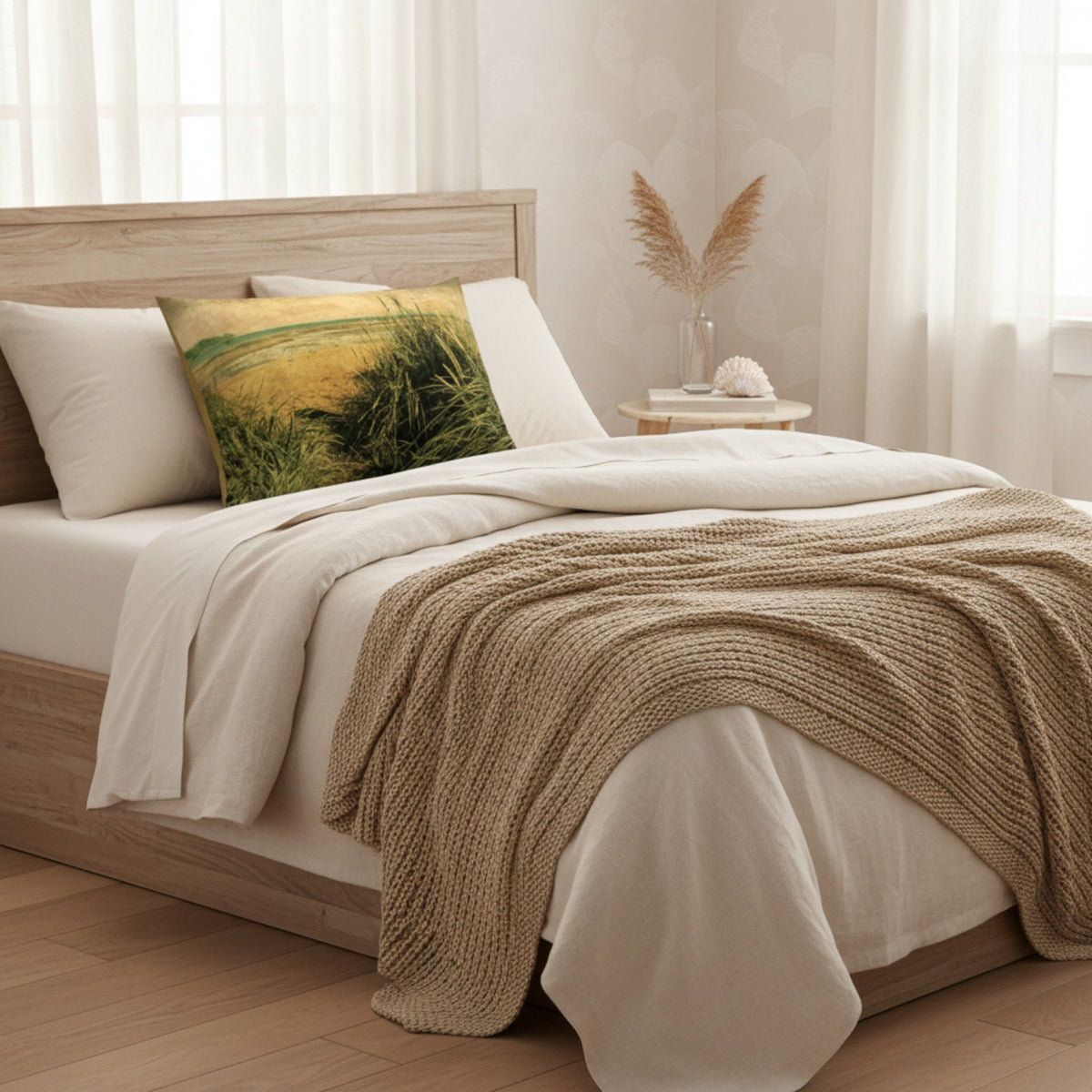 A neatly made bed in a softly lit bedroom, featuring cream bedding, a chunky beige throw blanket, a light wood headboard and footboard, and a decorative square pillow with a green and yellow field print.