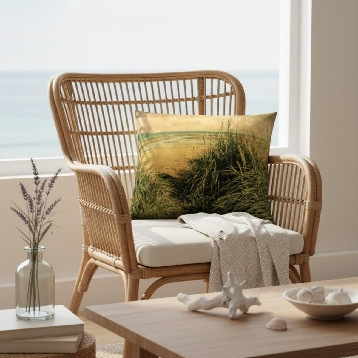A woven rattan armchair with a white cushion sits in a bright room by a window, styled with a square throw pillow featuring a beach grass print and a draped cream knit blanket. A wooden coffee table, shell decor, and a glass vase with dried stems are in the foreground, with the ocean visible outside the window.