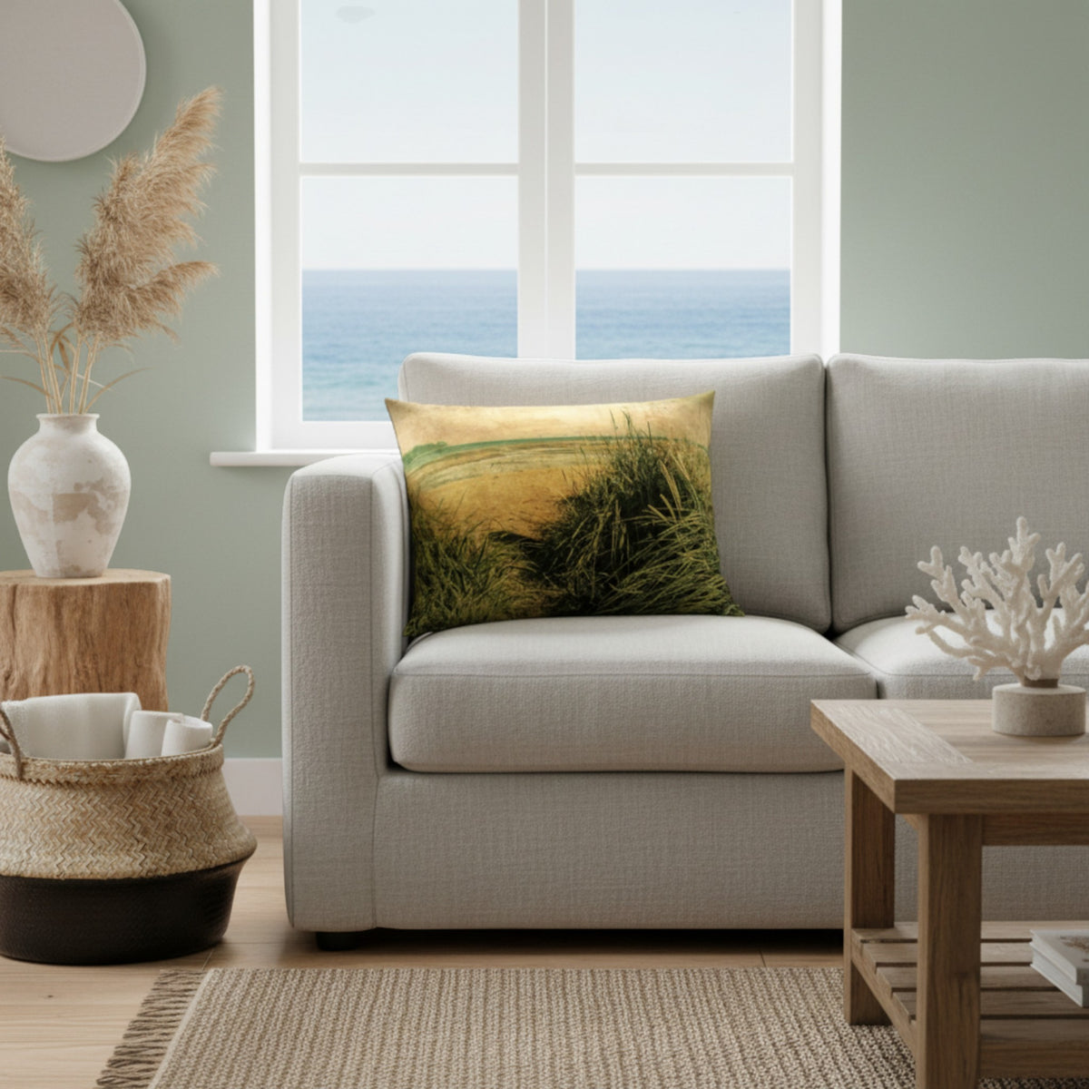 A square throw pillow featuring a beach grass print in green and yellow tones, styled on a light gray sofa in a modern living room with an ocean view window.