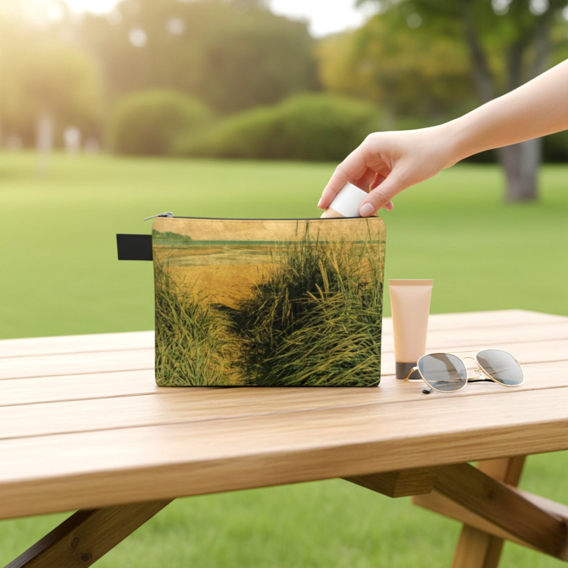 Hand reaching for a pouch with a grassy field design on a wooden table outdoors.