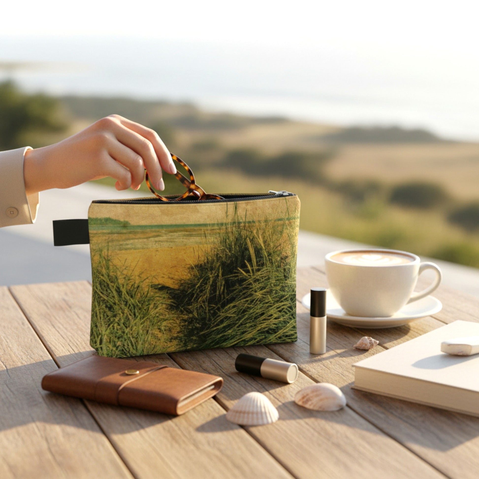 Handbag with nature print on a wooden table with a scenic background