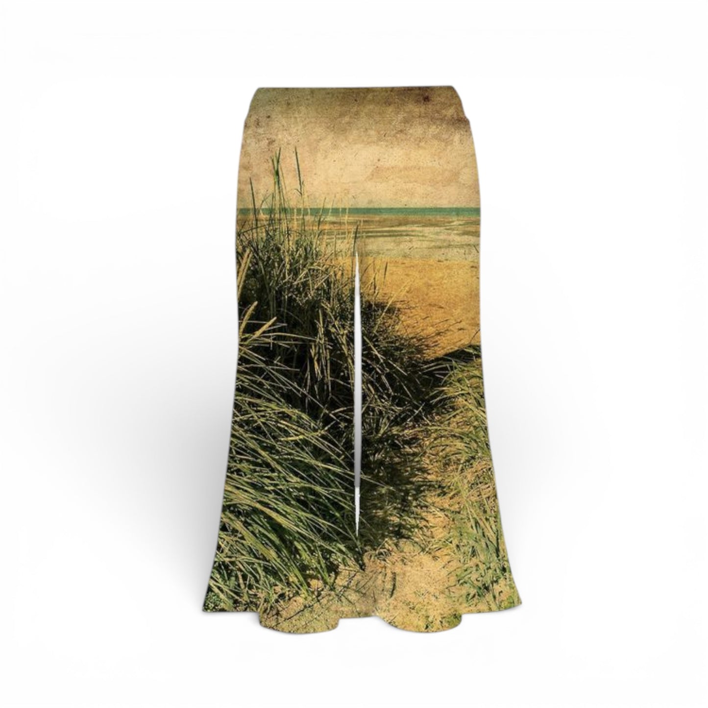 Pants with a nature-themed design of grass and water on a white background