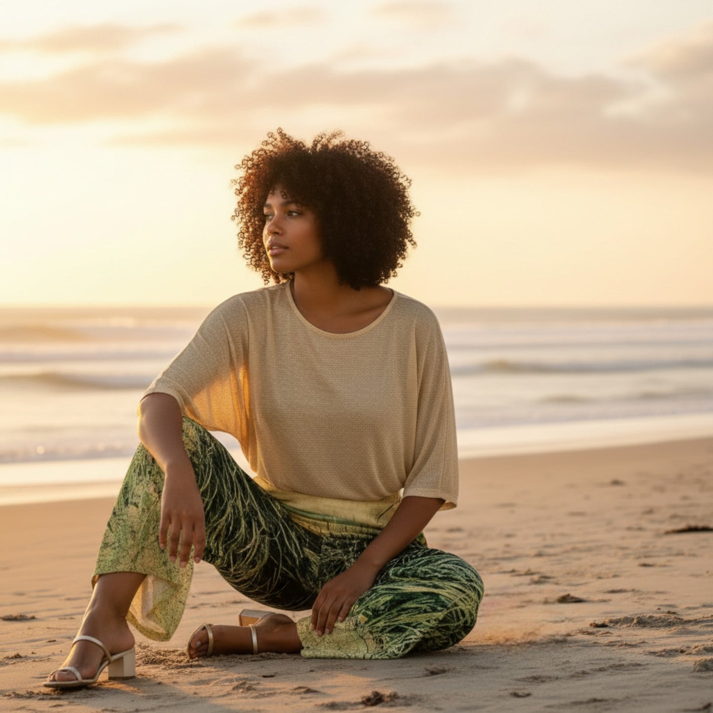 Woman sitting on a beach at sunset