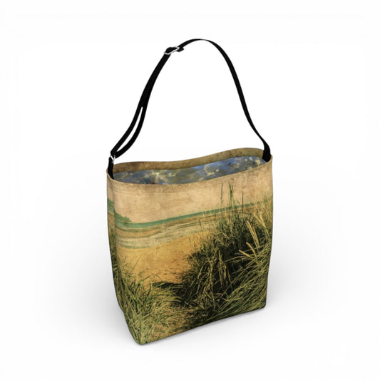 Tote bag with nature-themed design on a white background