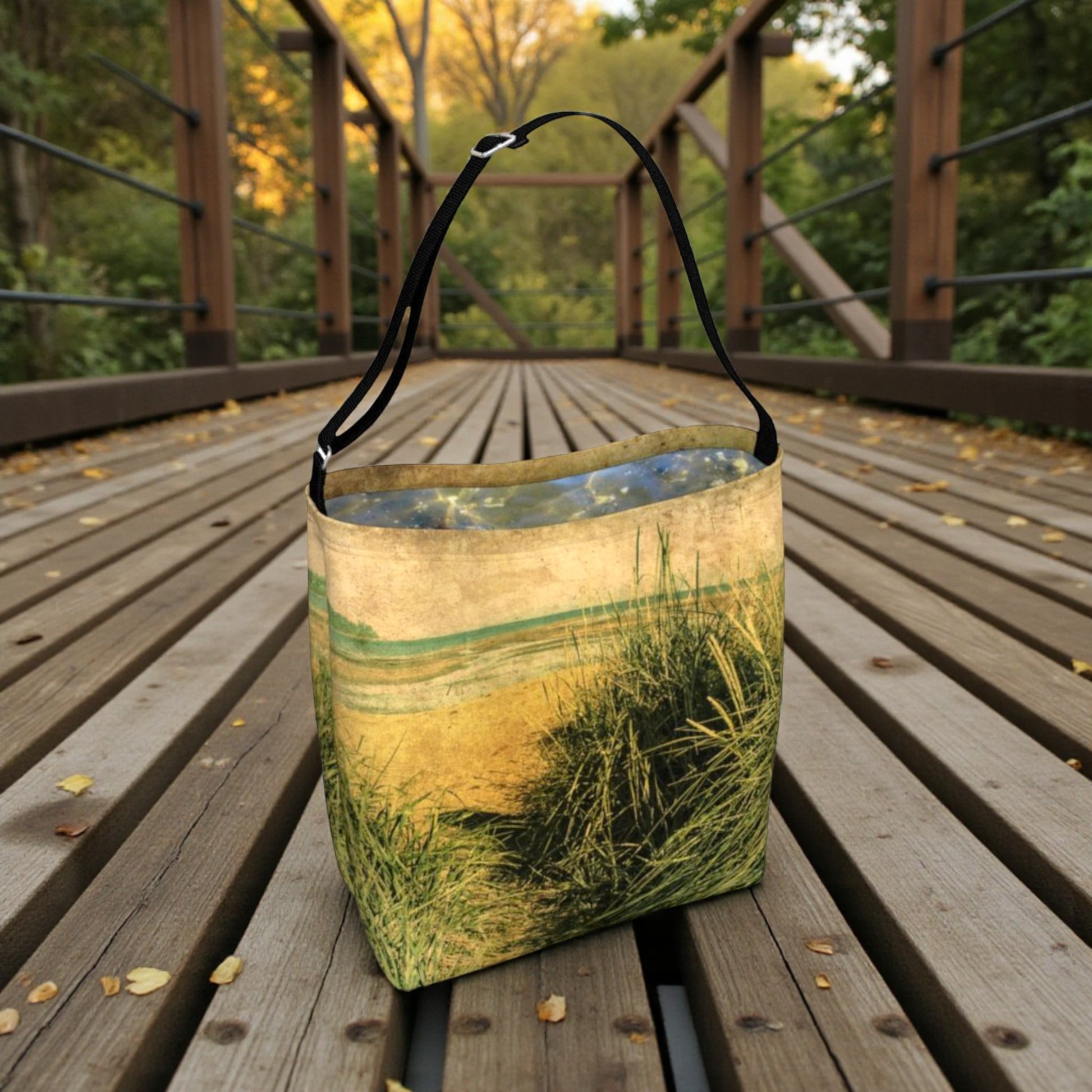 Tote bag with nature print on a wooden bridge