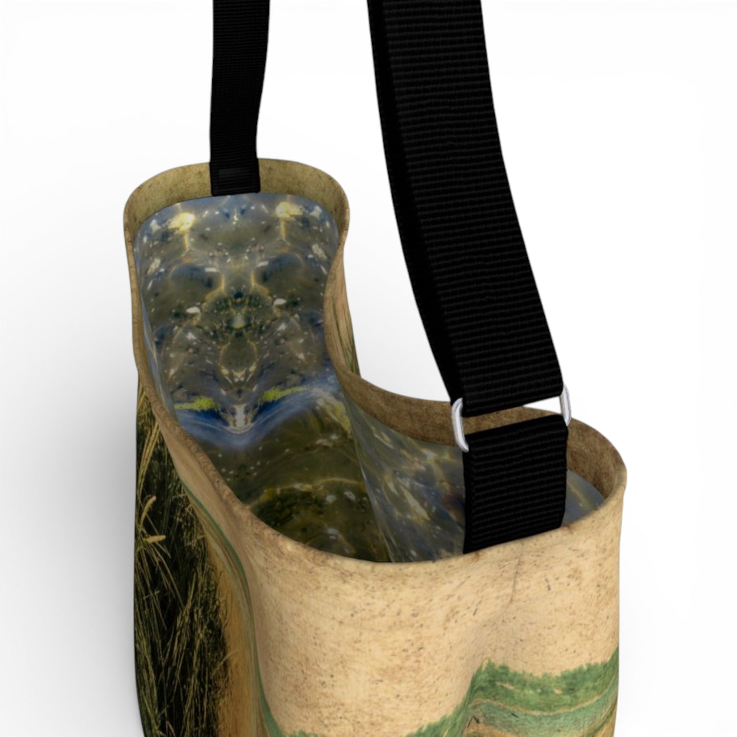 Close-up of a interior of tote bag with a black strap on a white background