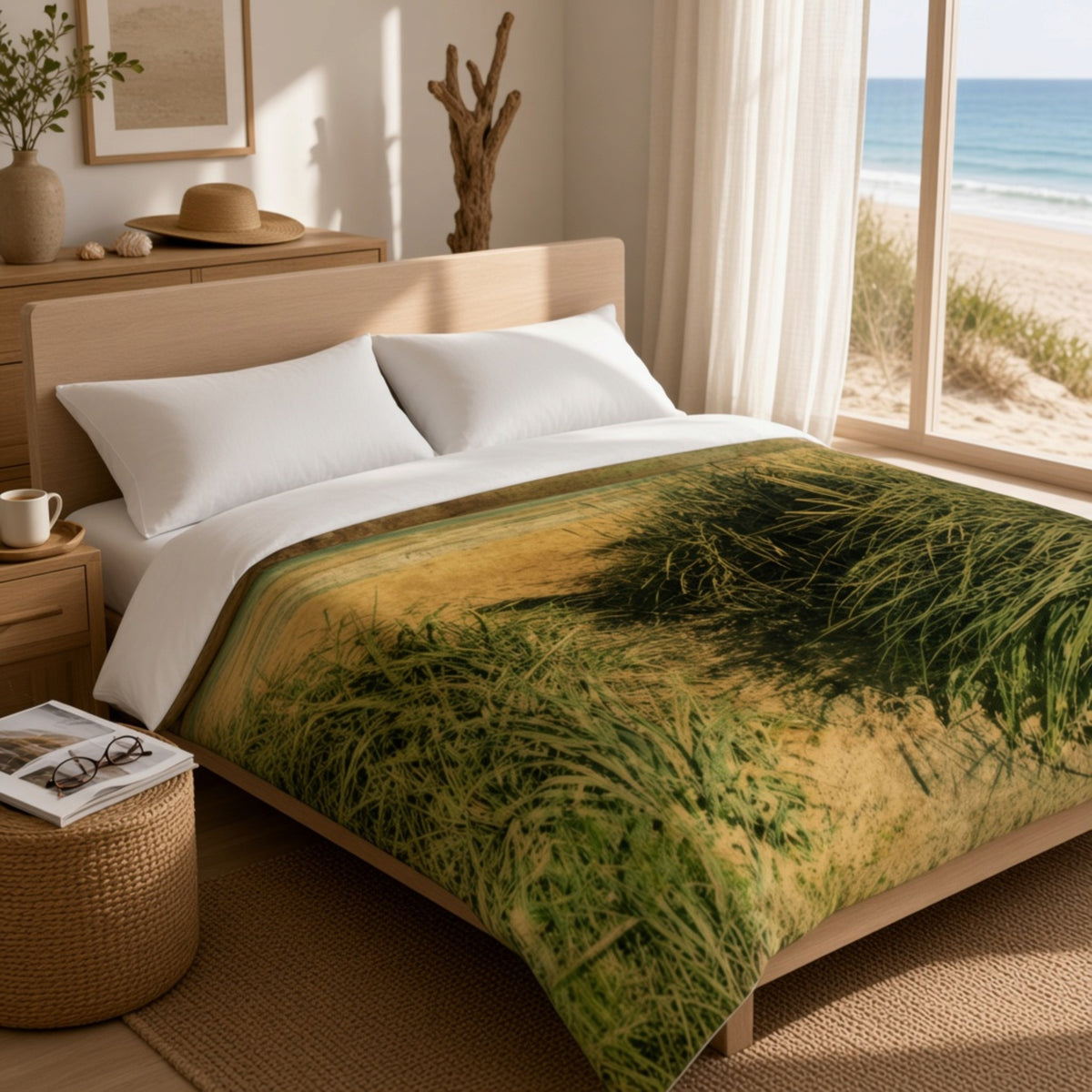 A bed dressed in white sheets and a green and tan beach grass print comforter, styled in a bright bedroom with a window overlooking a sandy beach and ocean.
