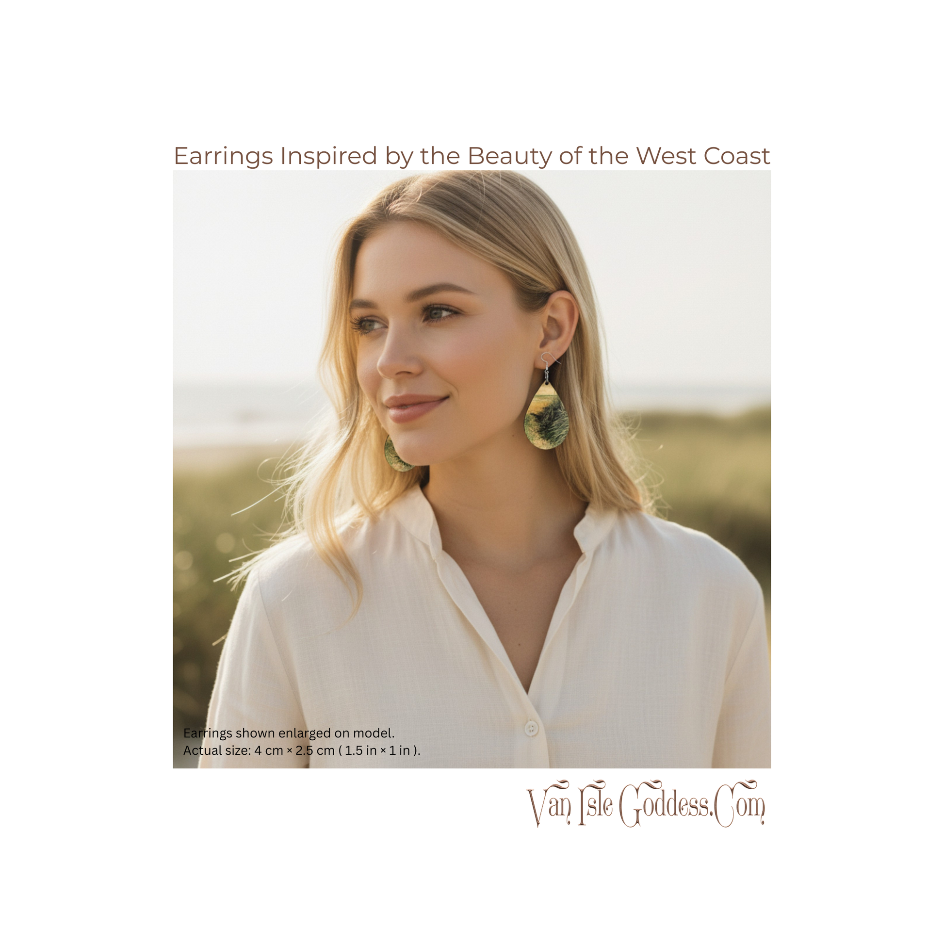 Woman wearing earrings with a scenic background, featuring Van Isle Goddess brand.