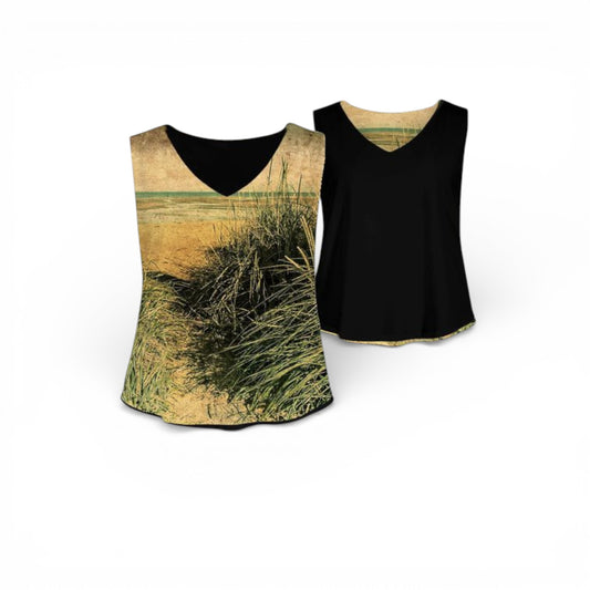 Black tank top with a nature-themed design on a white background
