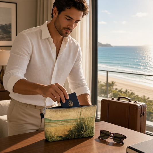 A man in a white shirt and khaki pants packs a blue passport into a beach-themed zippered pouch on a wooden table. A brown vintage suitcase and sunglasses sit nearby, with a sunny ocean view in the background.