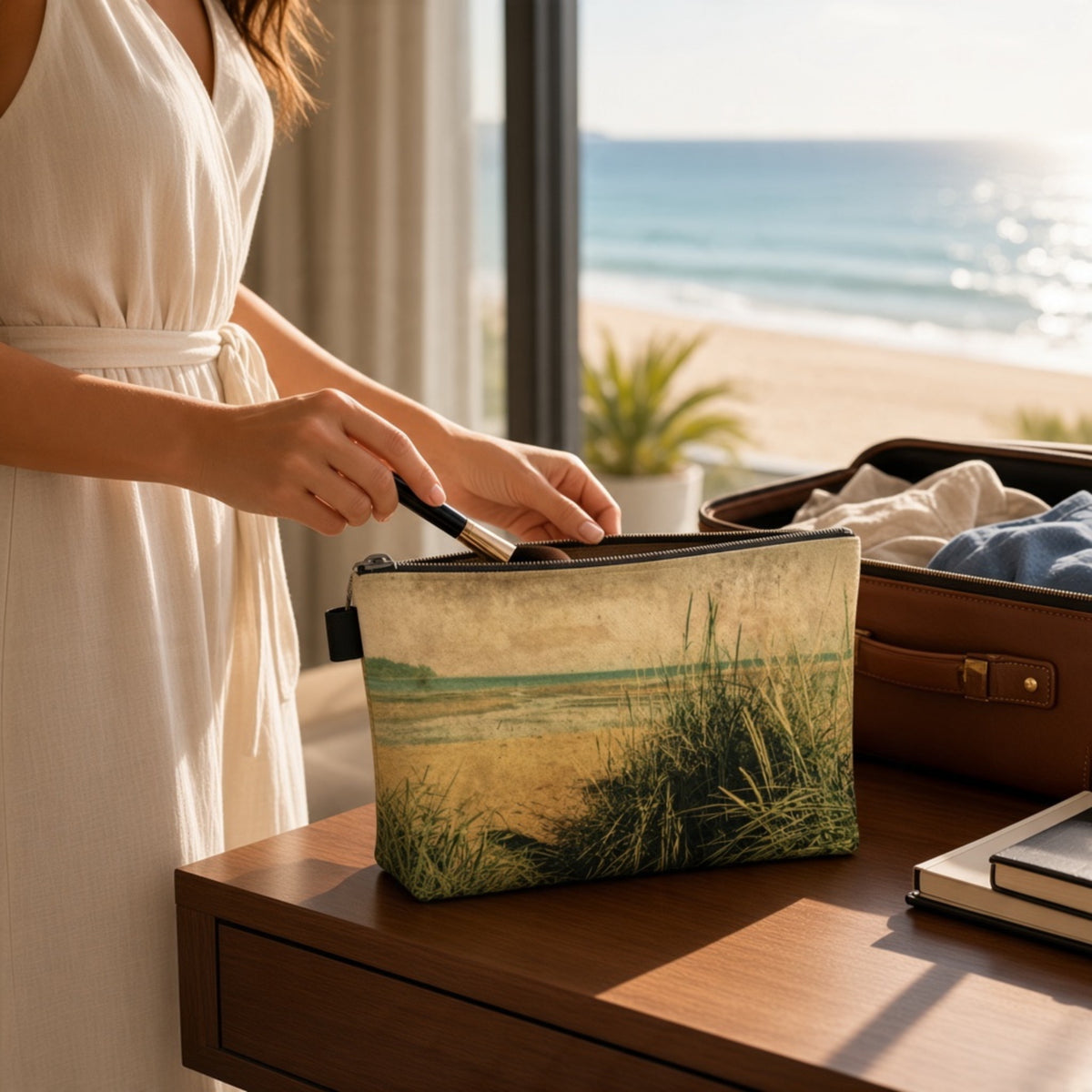 A woman in a white dress places a zippered pouch into a suitcase on a wooden table, with a beach and ocean visible in the background. The pouch features a printed design of a grassy beach dune scene.