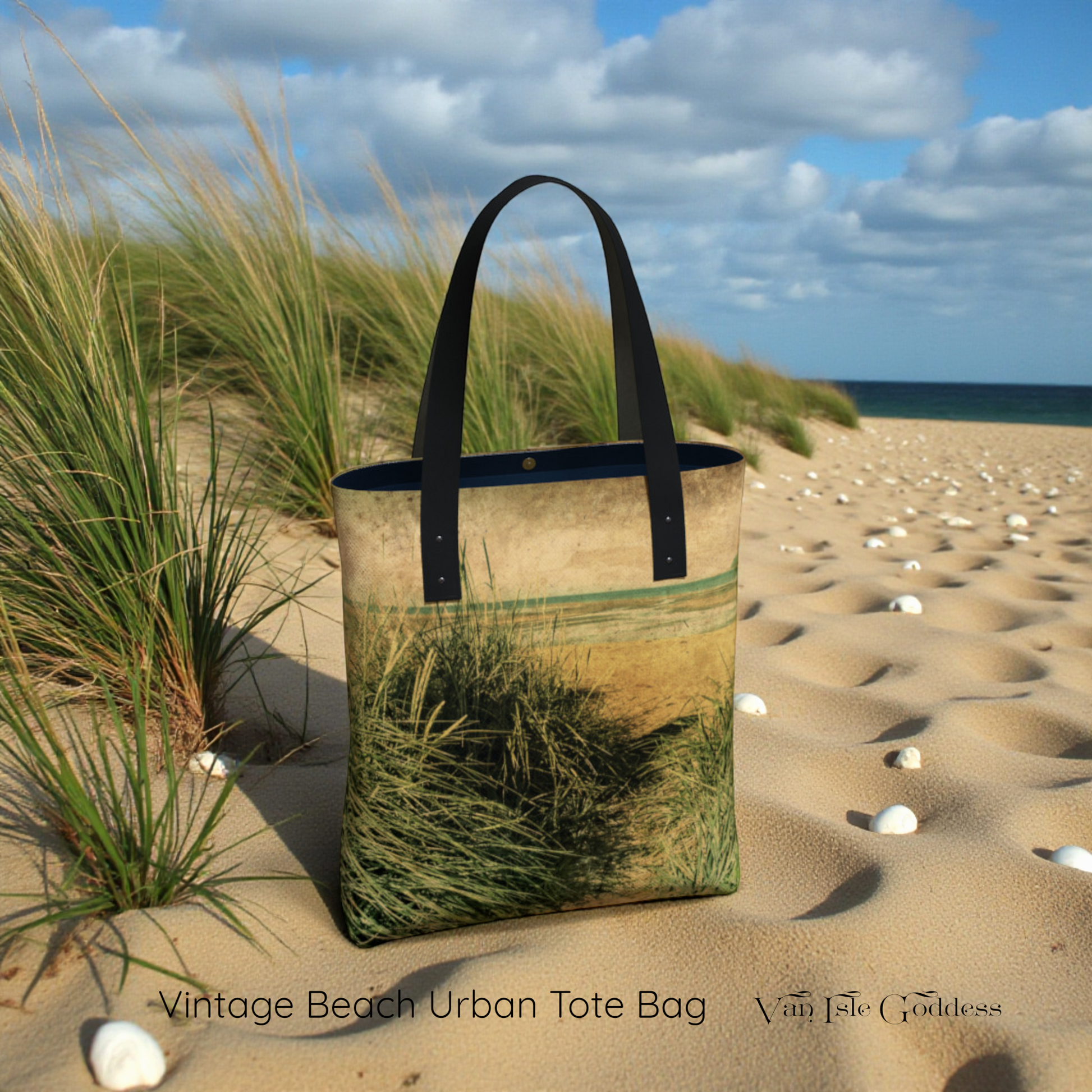 Vintage Beach Urban Tote Bag on a sandy beach with grasses