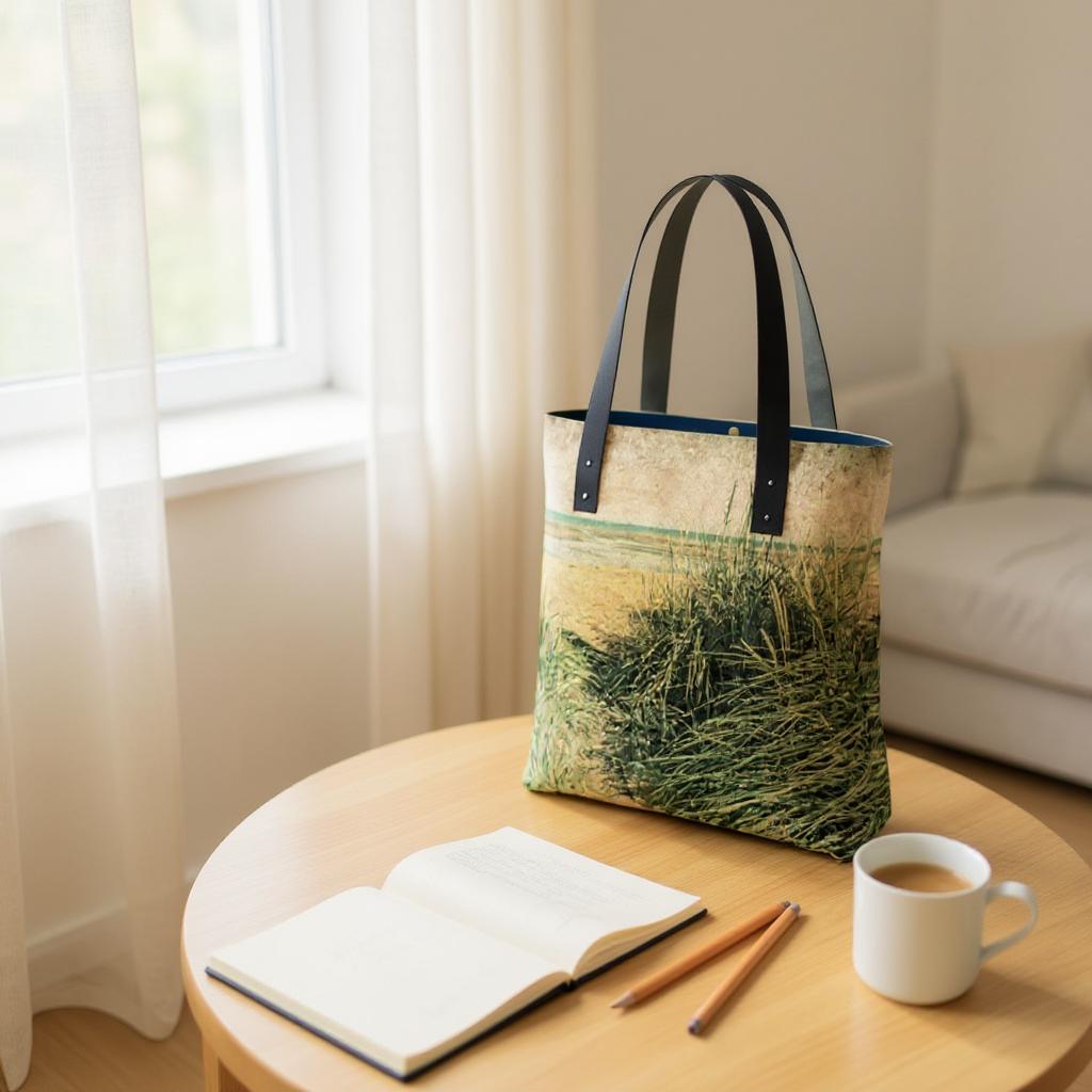 Tote bag with nature design on a table with notebook, pencils, and mug.