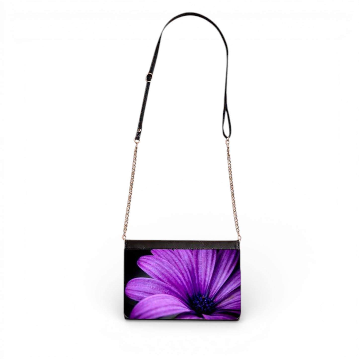 Handbag with a purple flower design on a white background