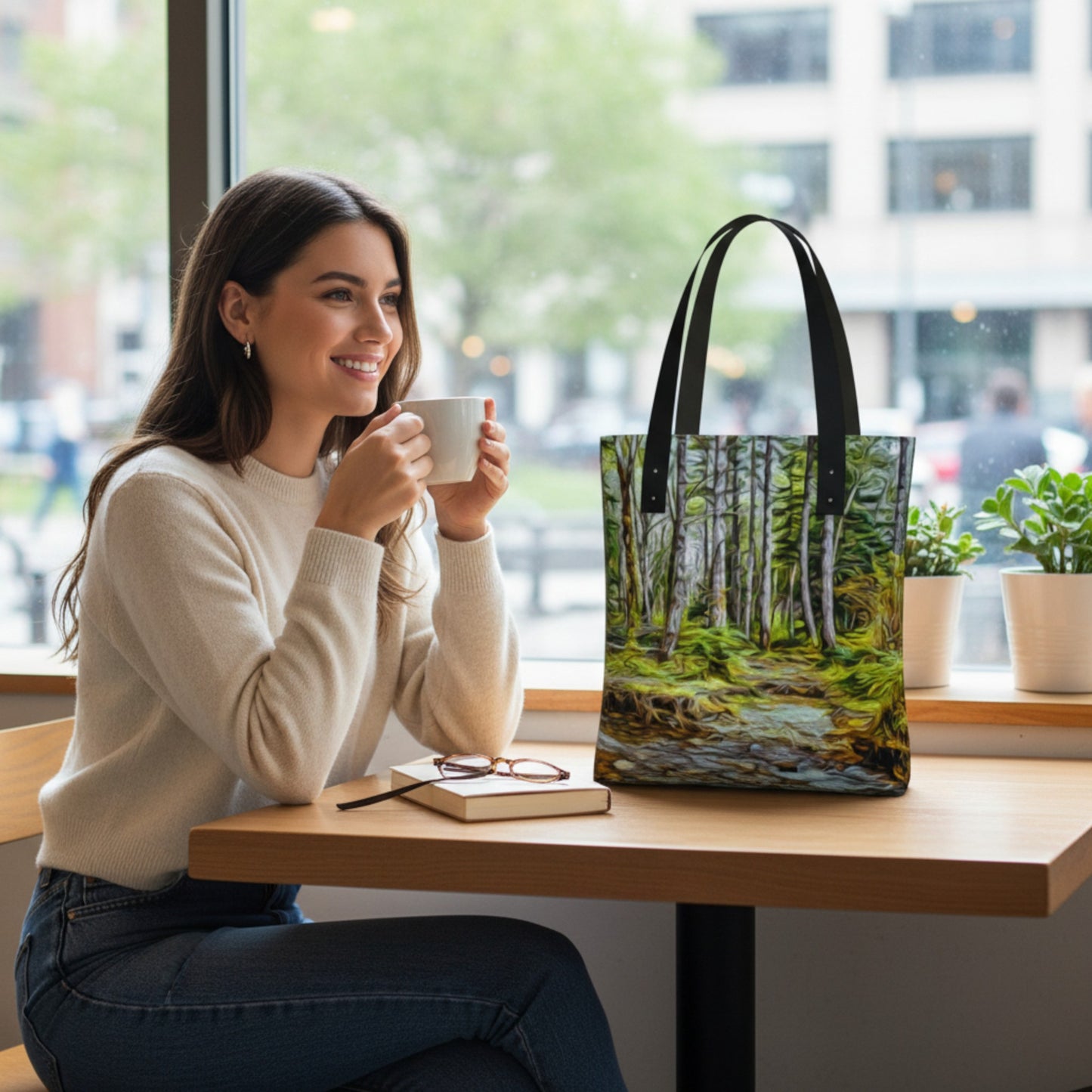 Woman sitting at a table with a scenic tote bag and a cup of coffee.