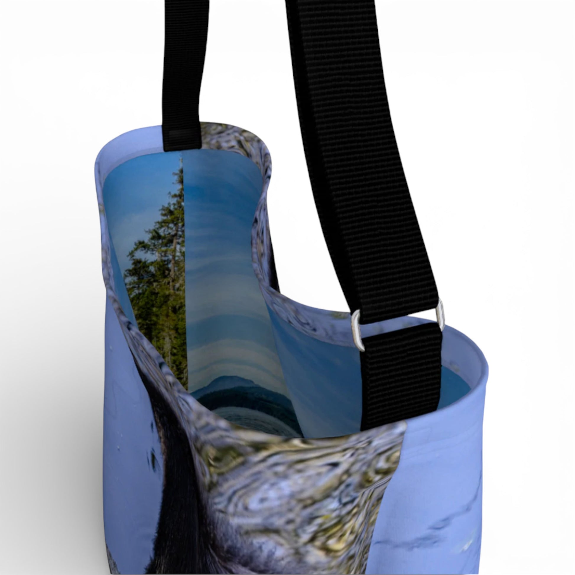 Tote bag with nature-themed design on a white background