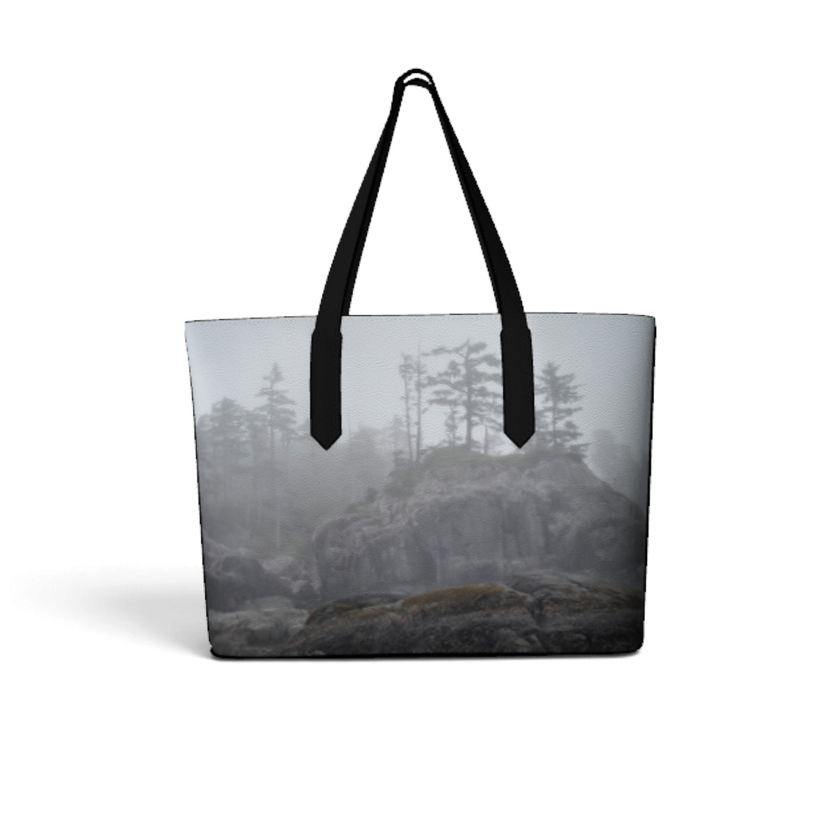 woman in a white dress walking on the beach carrying a ocean foggy landscape tote bag