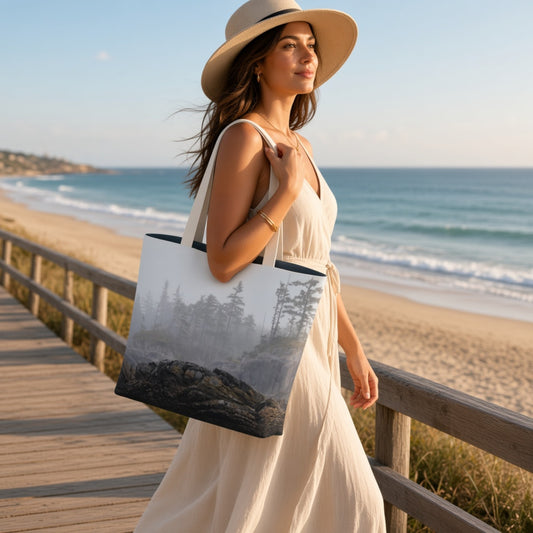 A woman in a cream dress and wide-brim straw hat walks along a beach boardwalk carrying a large tote bag printed with a misty forest scene. The background shows a sandy beach, ocean, and clear sky.