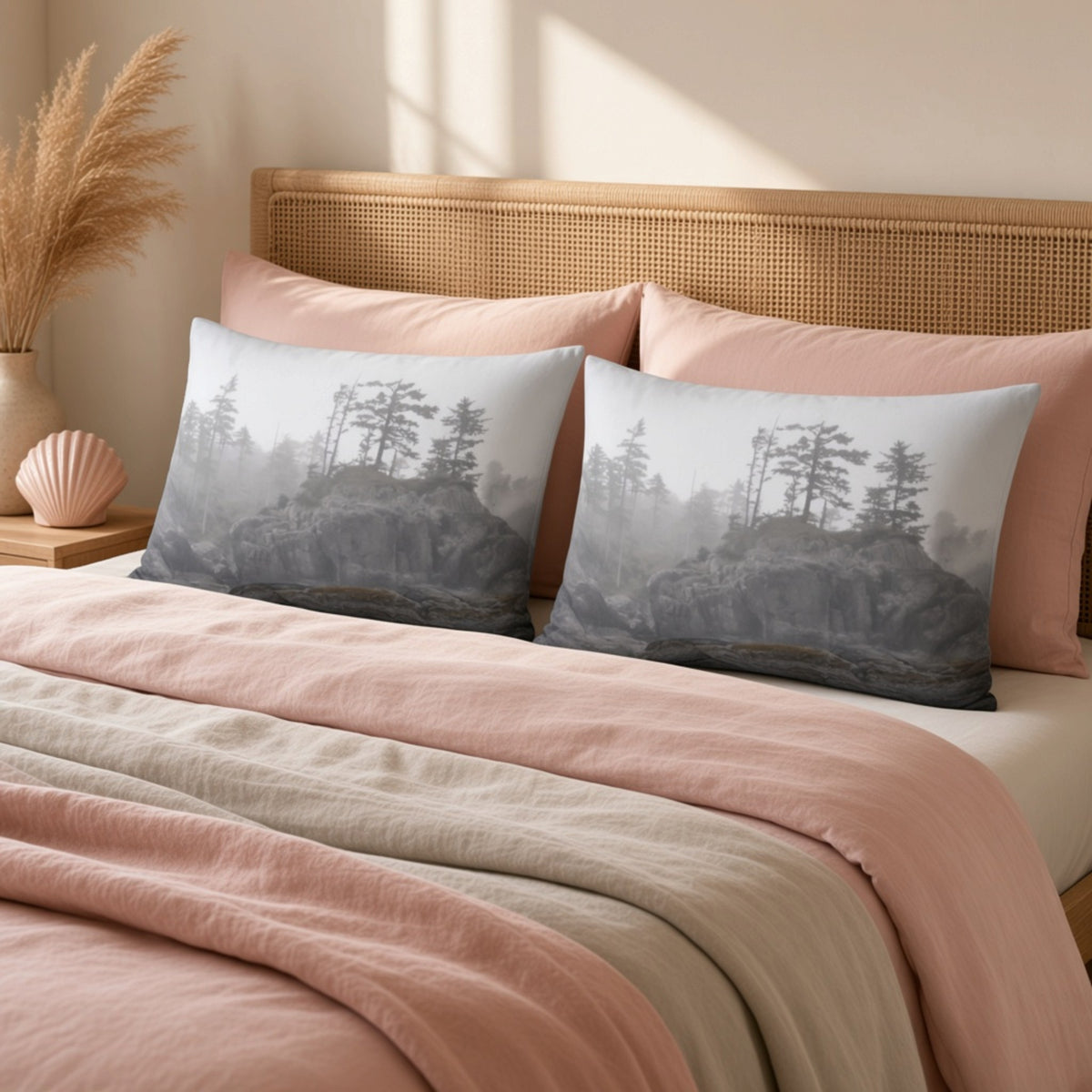 A styled bed with dusty pink and beige bedding, featuring two rectangular pillowcases printed with a misty pine forest landscape. The background includes a woven rattan headboard, a vase of dried pampas grass, and a seashell on a bedside table.