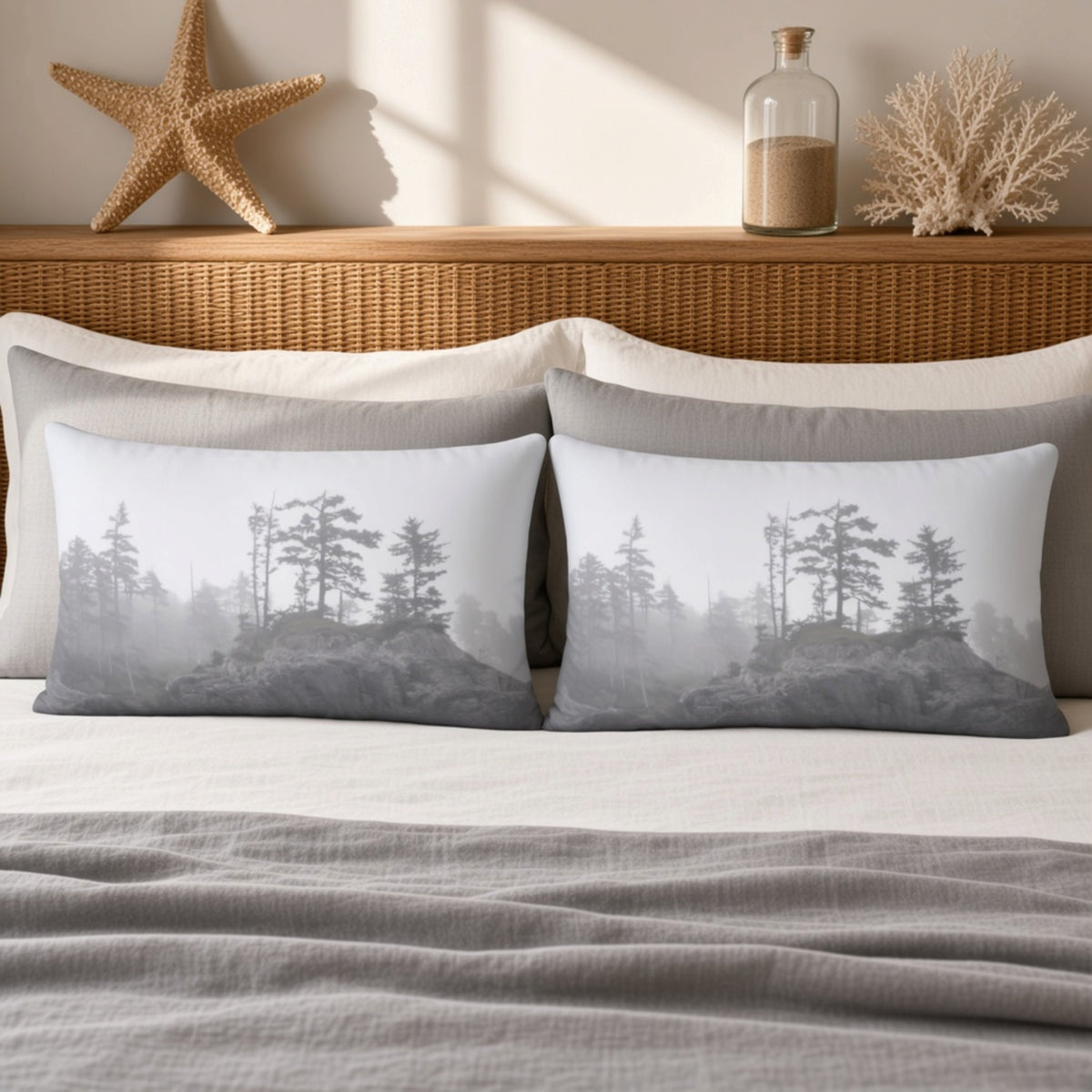 Two rectangular throw pillows with a gray and white misty forest print, styled on a bed with neutral linens and a wicker headboard in a warm, sunlit room.