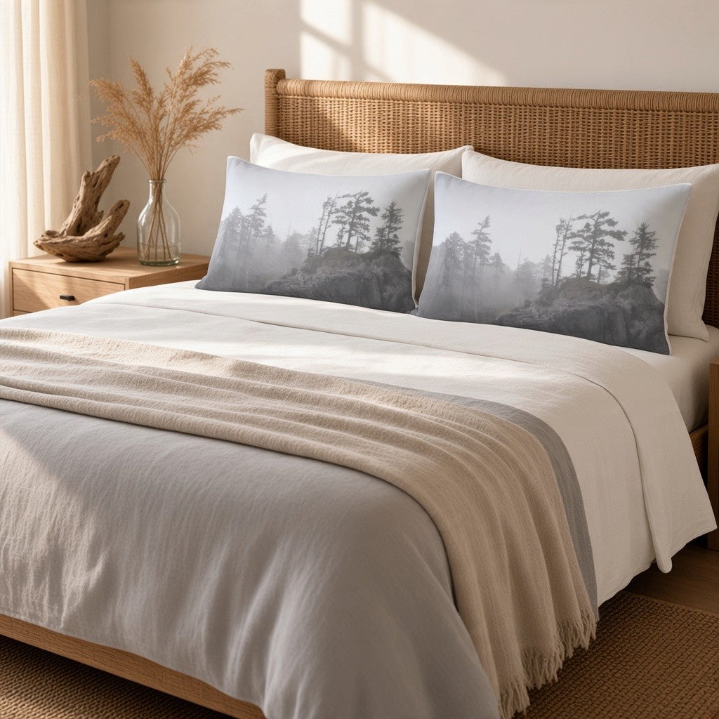 A neatly made bed in a warm, sunlit bedroom featuring two pillowcases printed with a misty pine forest scene. The bedding is styled with a neutral beige throw blanket, white sheets, and a wooden headboard.