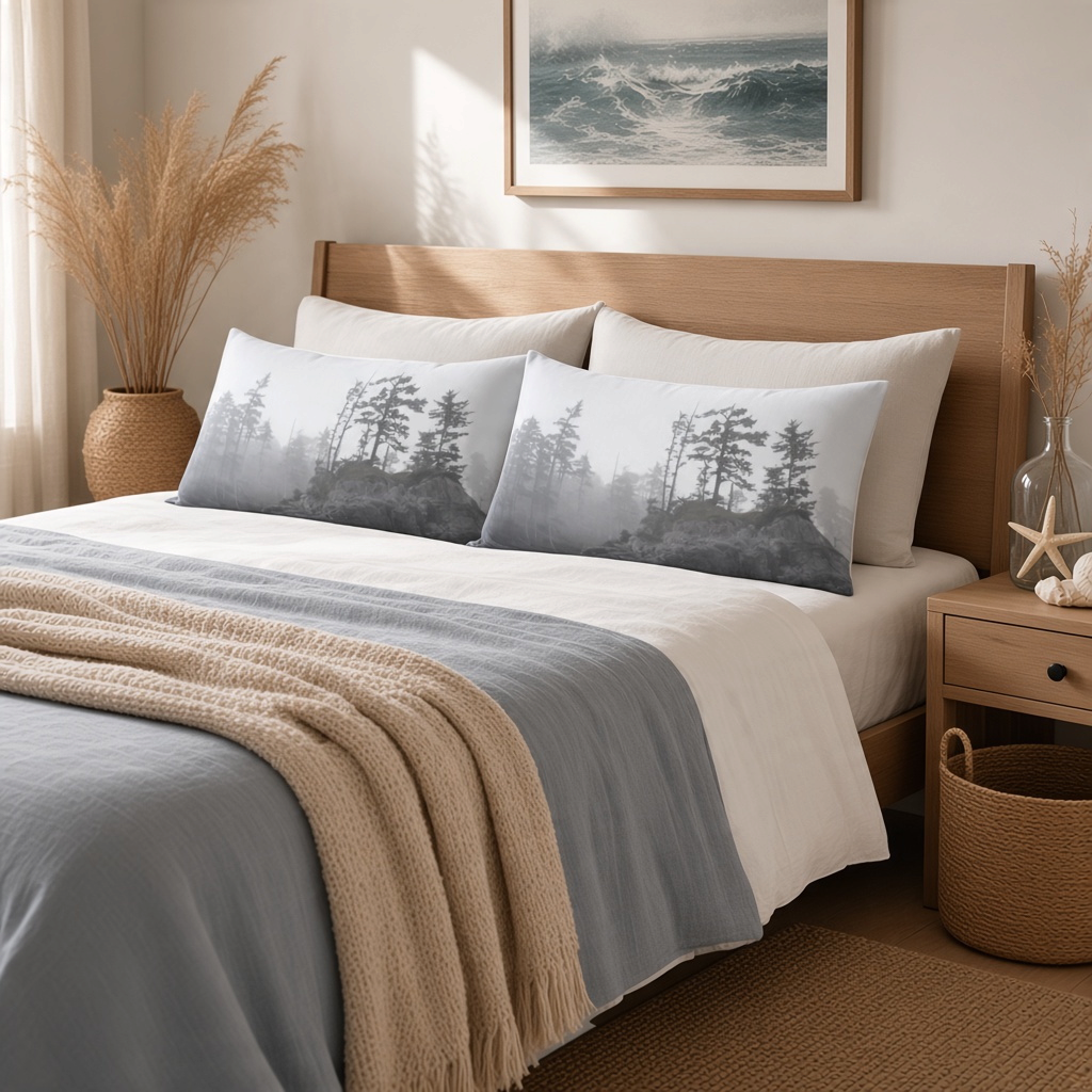 A neatly made bed in a warm, neutral-toned bedroom, featuring two rectangular pillowcases printed with a misty pine forest scene. The bedding includes white and slate blue-gray sheets and a textured beige throw blanket.
