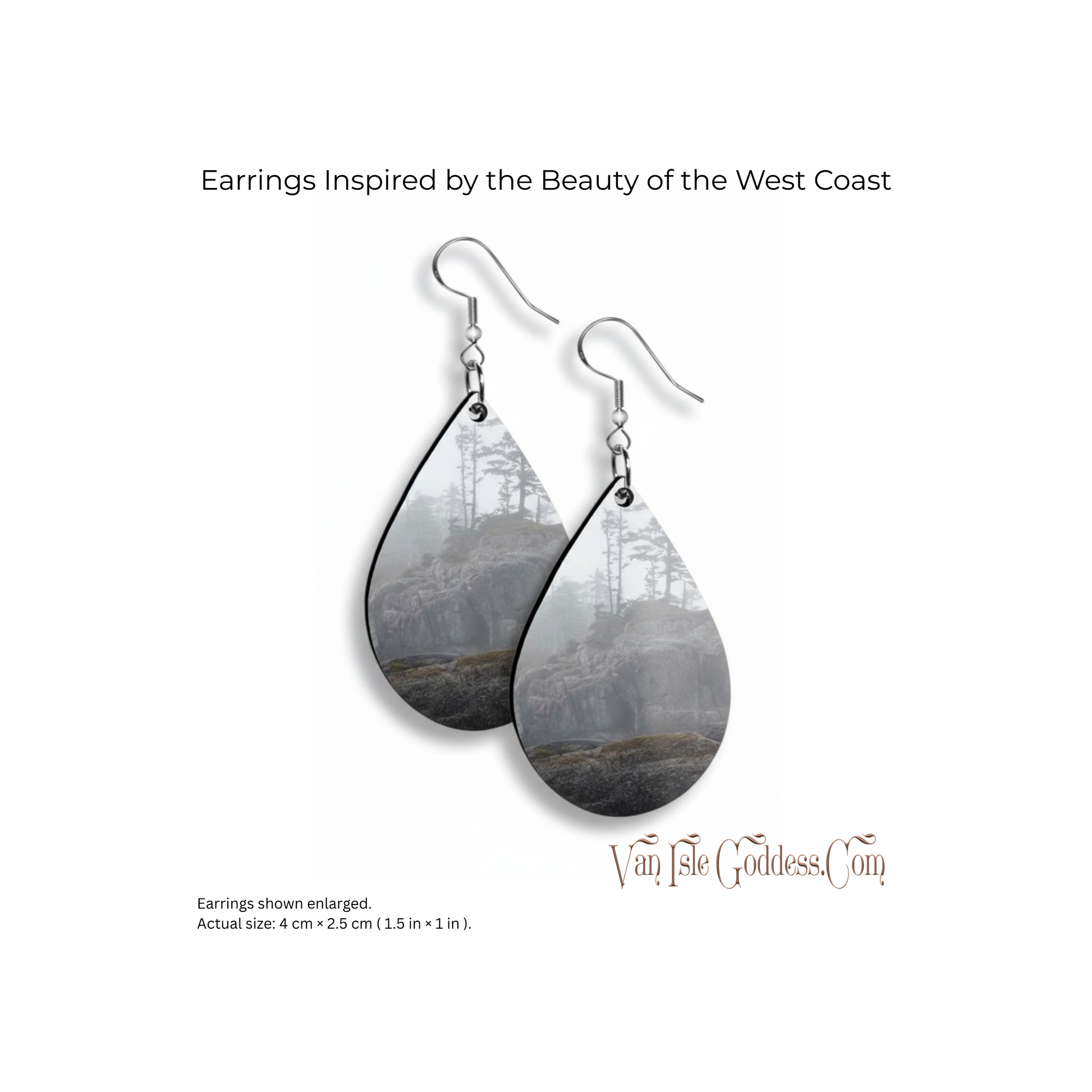 Teardrop-shaped earrings inspired by the beauty of the West Coast, shown on a white background with 'Van Isle Goddess' branding.