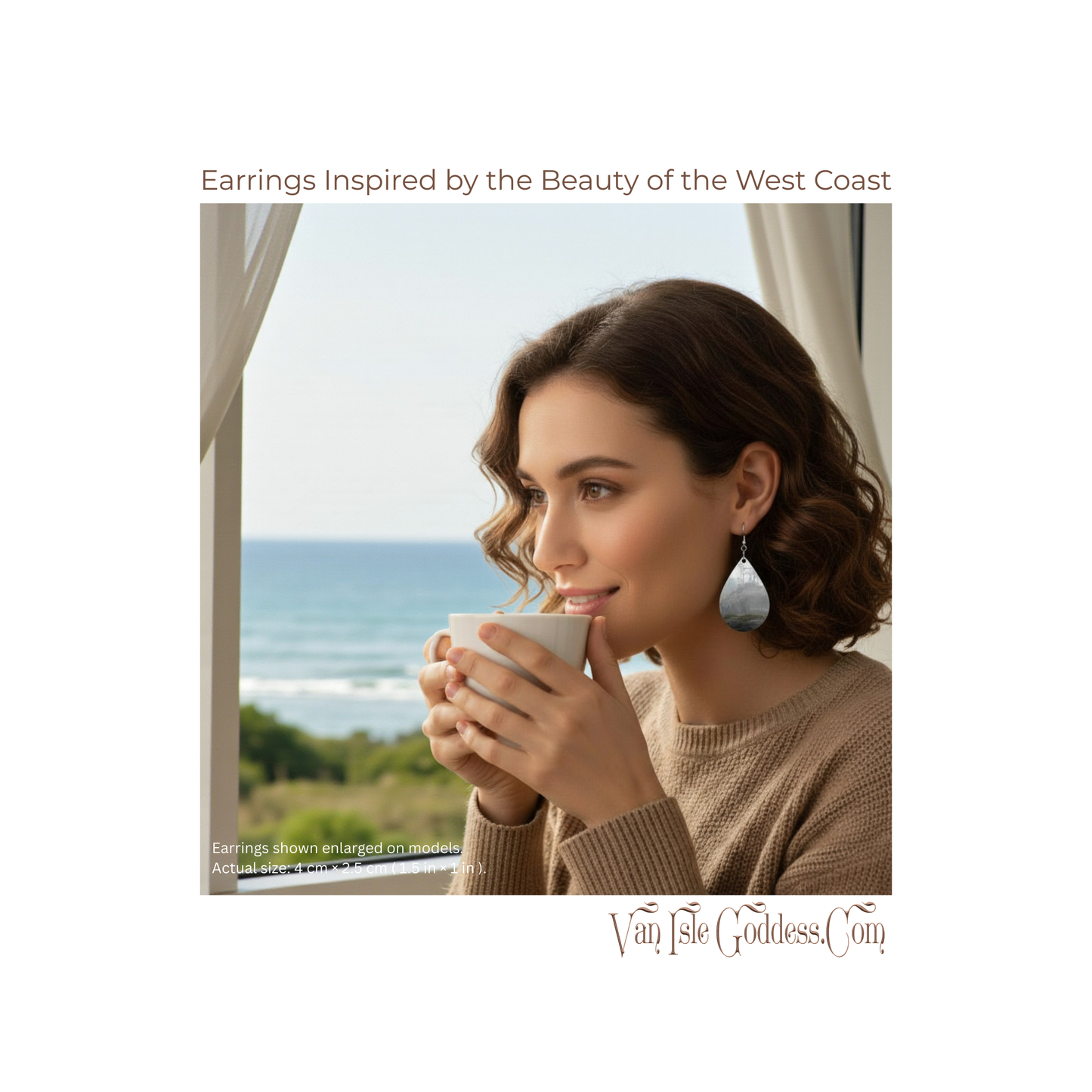 Woman drinking coffee by a window with ocean view, wearing earrings inspired by the West Coast.