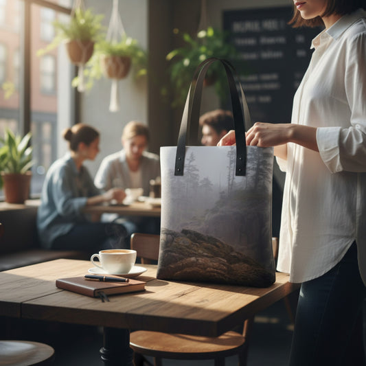 Person holding a large tote bag in a cafe setting with people sitting at tables in the background.