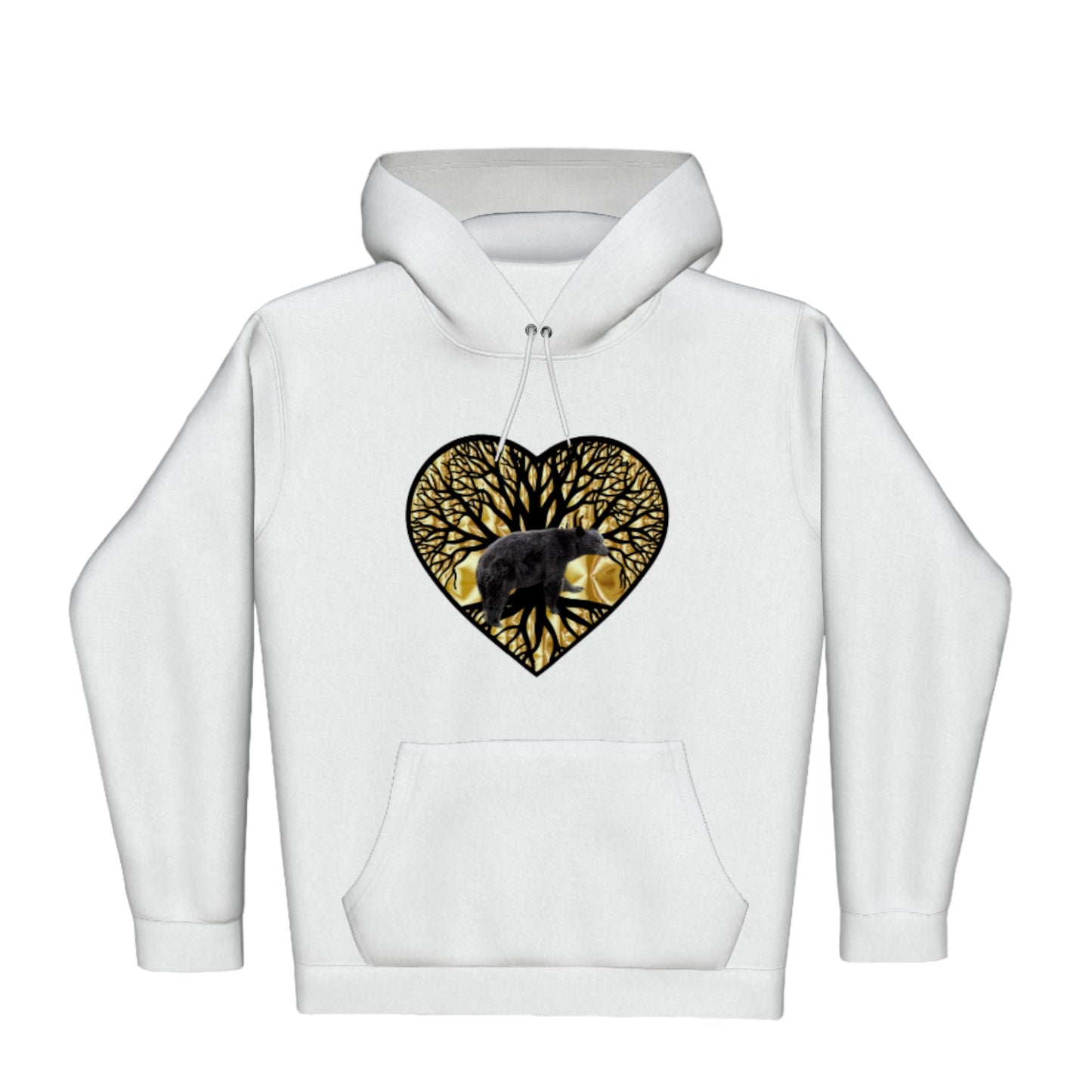 Bear Heart Premium Pullover Hoodie. the image is of a heart with a tree of life and a bear with a gold background.