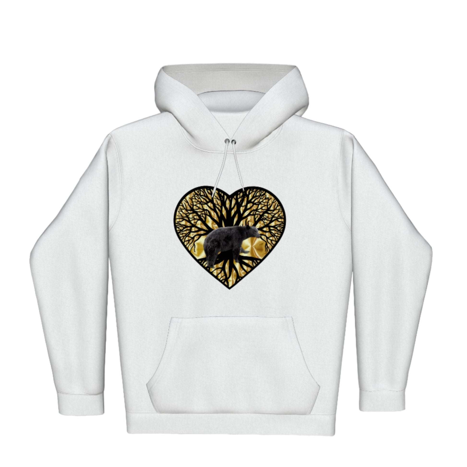 Bear Heart Premium Pullover Hoodie. the image is of a heart with a tree of life and a bear with a gold background.