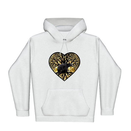 Bear Heart Premium Pullover Hoodie. the image is of a heart with a tree of life and a bear with a gold background.