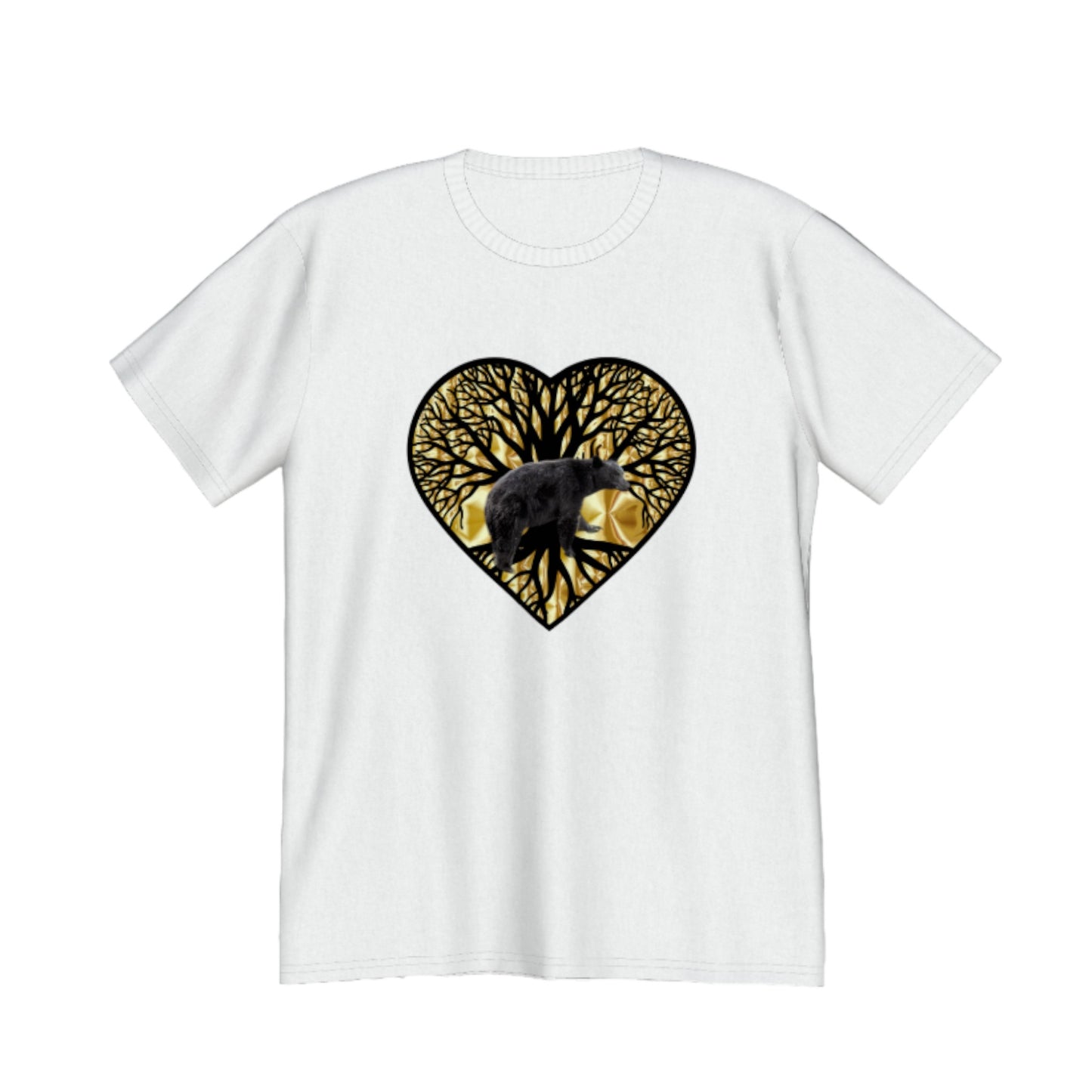 Bear Heart Premium Unisex T-shirt. The image on the front is of a bear standing in front of the tree of life that is on a gold background.  by van isle goddess dot com