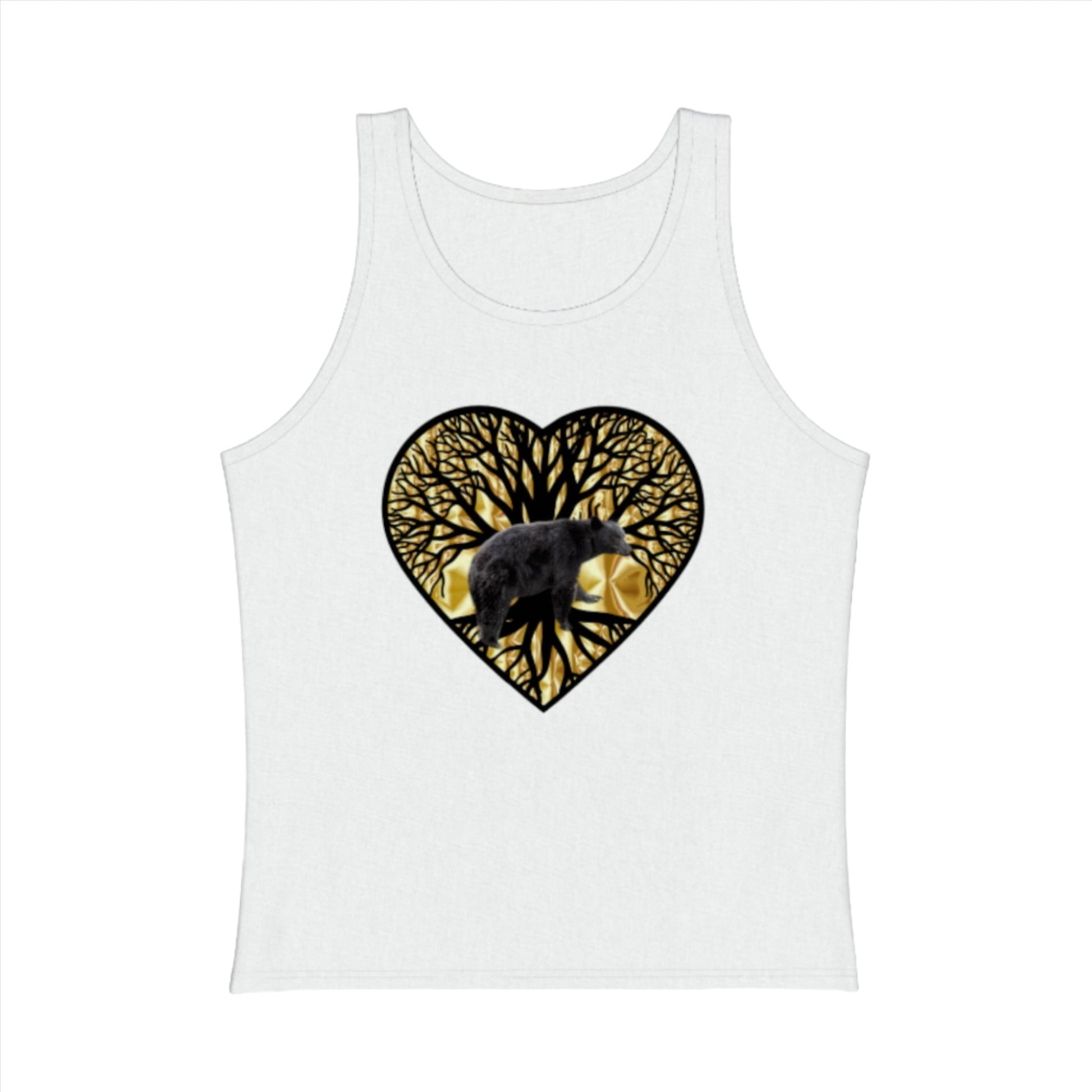 Unisex Premium Tank Top featuring a gold heart outlined in black. The interior of the heart is a tree of life with a bear in front with its feet on the roots of the tree.  The image is called Bear Heart and it is printed on white tank top.  by van isle goddess dot com