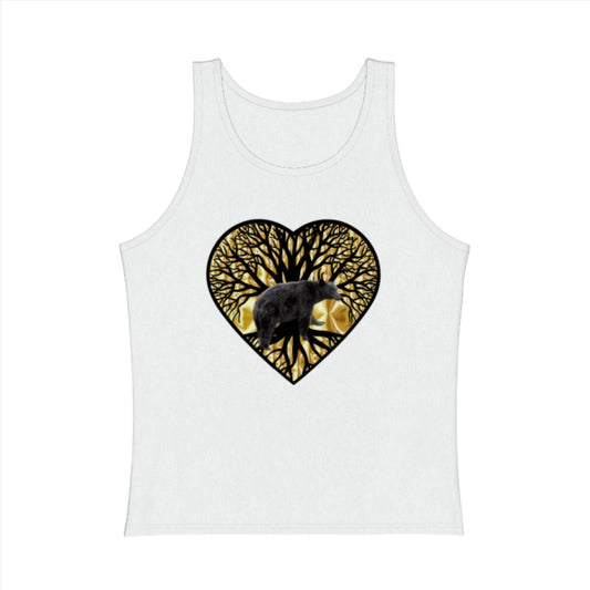 Unisex Premium Tank Top featuring a gold heart outlined in black. The interior of the heart is a tree of life with a bear in front with its feet on the roots of the tree.  The image is called Bear Heart and it is printed on white tank top.  by van isle goddess dot com