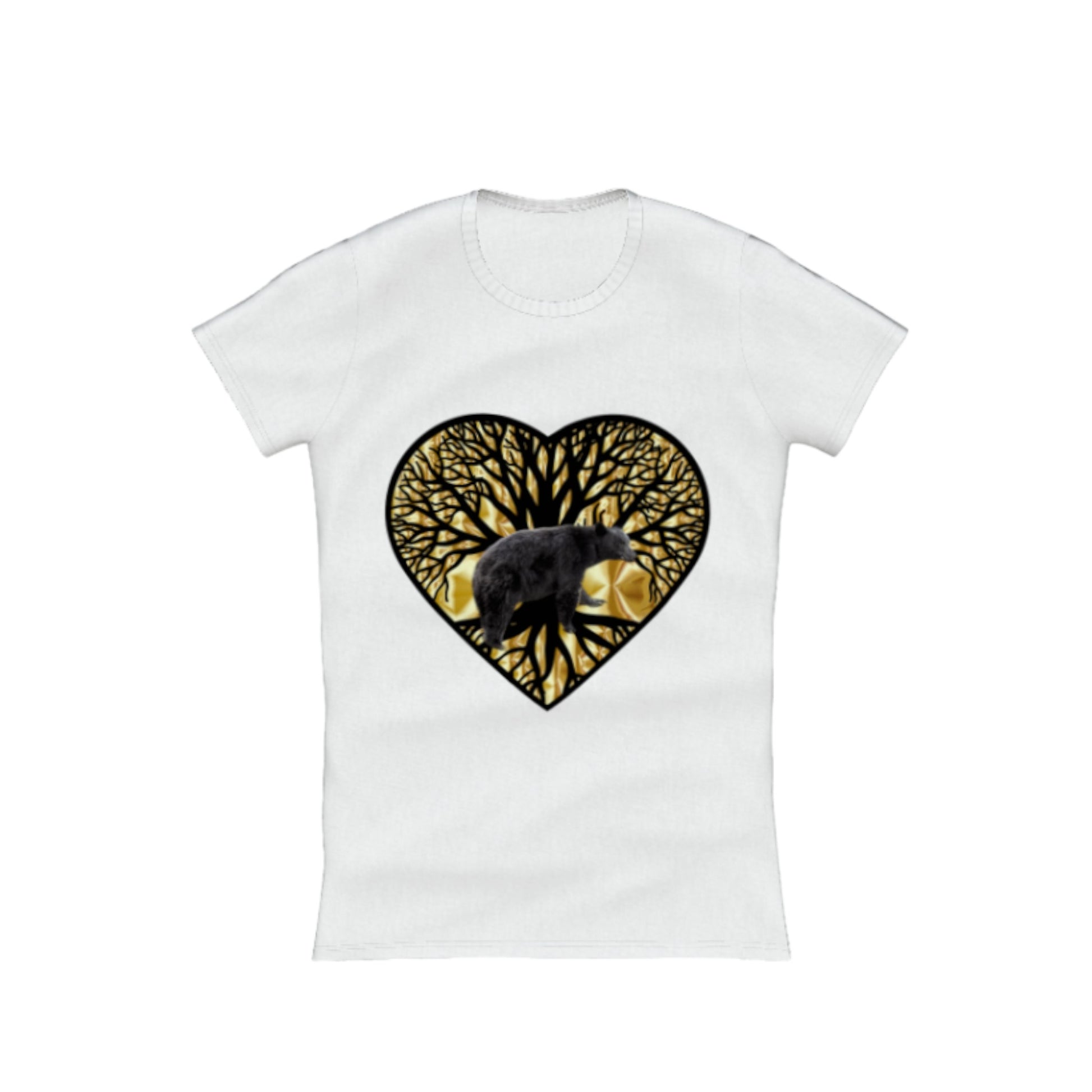 Bear Heart Comfort Slim Fit T-Shirt. The image on the front of the shirt is a heart with a tree of life and a bear and gold background. by van isle goddess dot com