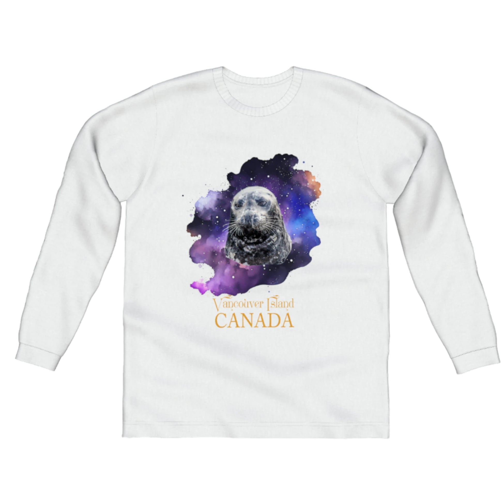 I Love Lucy Vancouver Island Canada Comfort Long Sleeve Unisex T-shirt, the image on the front is of a harbour seal with a colourful abstract background.  the words on the t-shirt read Vancouver Island Canada