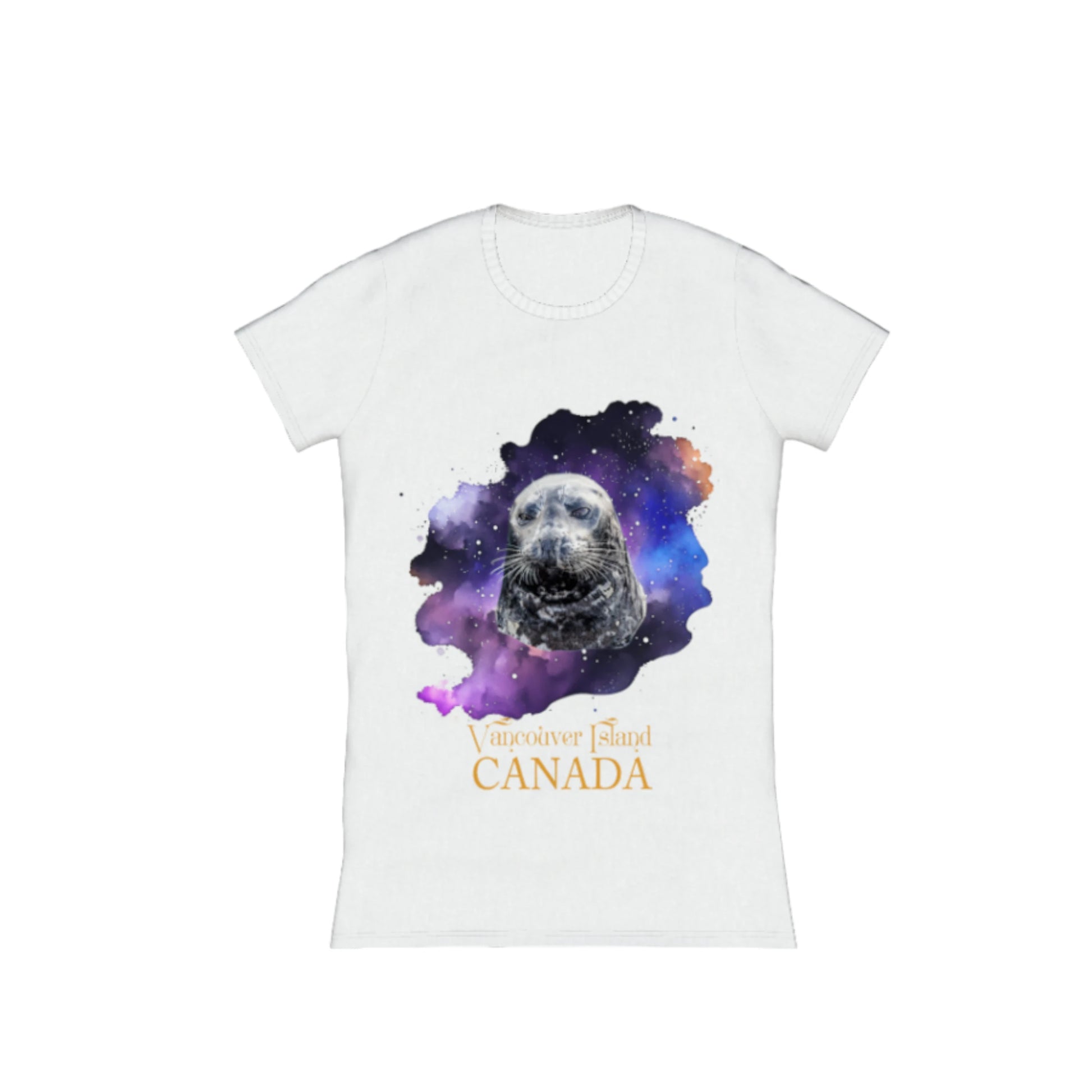 I Love Lucy Vancouver Island Canada Comfort Slim Fit T-Shirt. The image is of a harbour seal with a colorful blue, purple abstract background.  by vanislegoddess.com