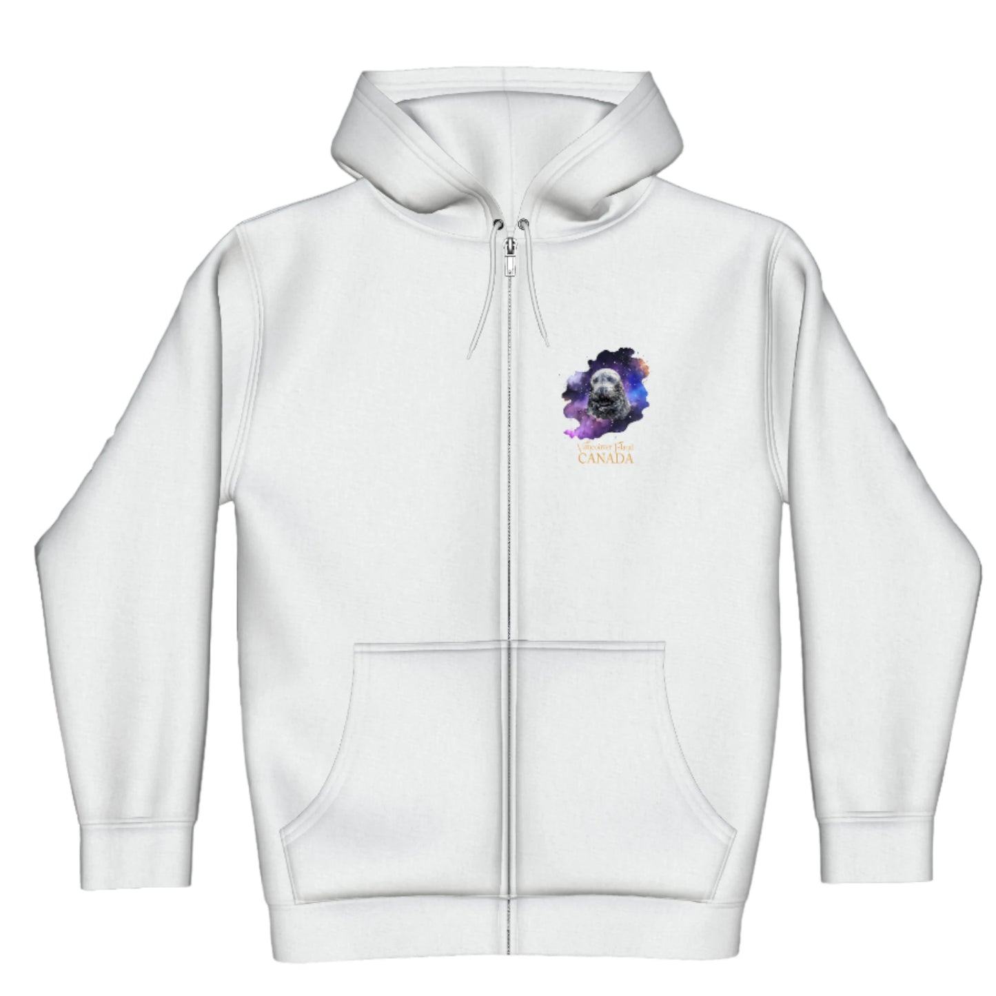 I Love Lucy Vancouver Island Canada Premium Zipper Hoodie. The image is of a harbour seal and is printed on both sides of the hoodie.
