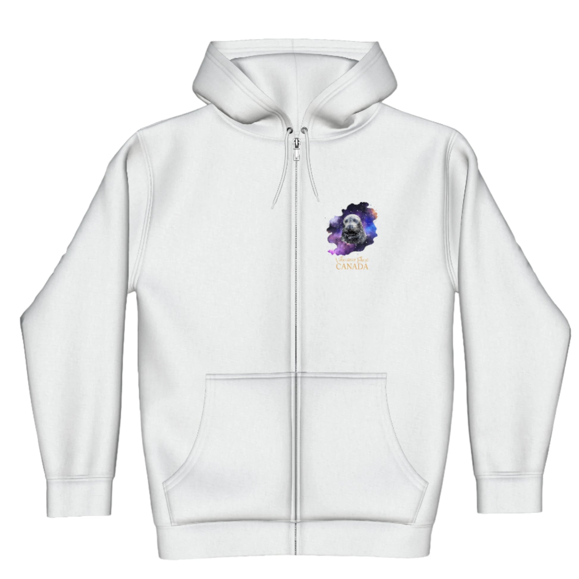 I Love Lucy Vancouver Island Canada Premium Zipper Hoodie. The image is of a harbour seal and is printed on both sides of the hoodie.